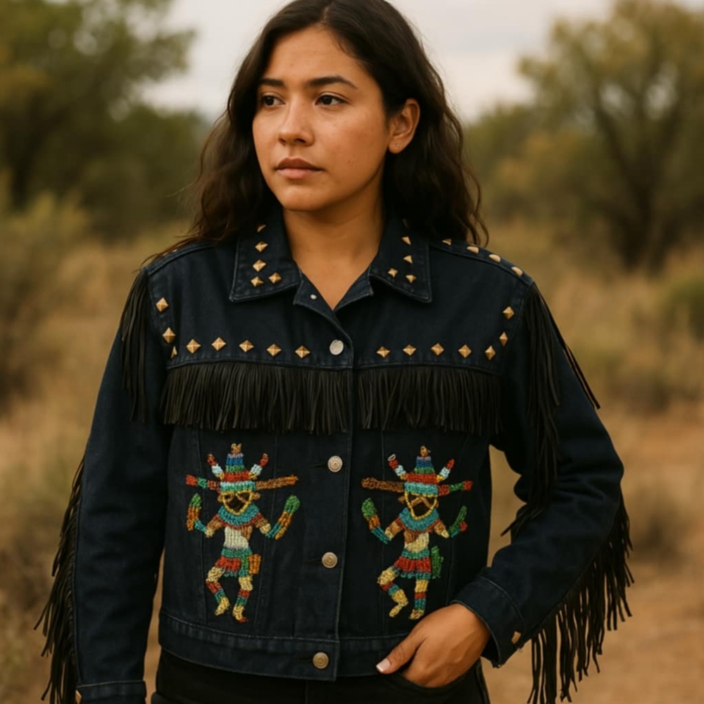 Vintage 80's black handbeaded fringe denim jacket